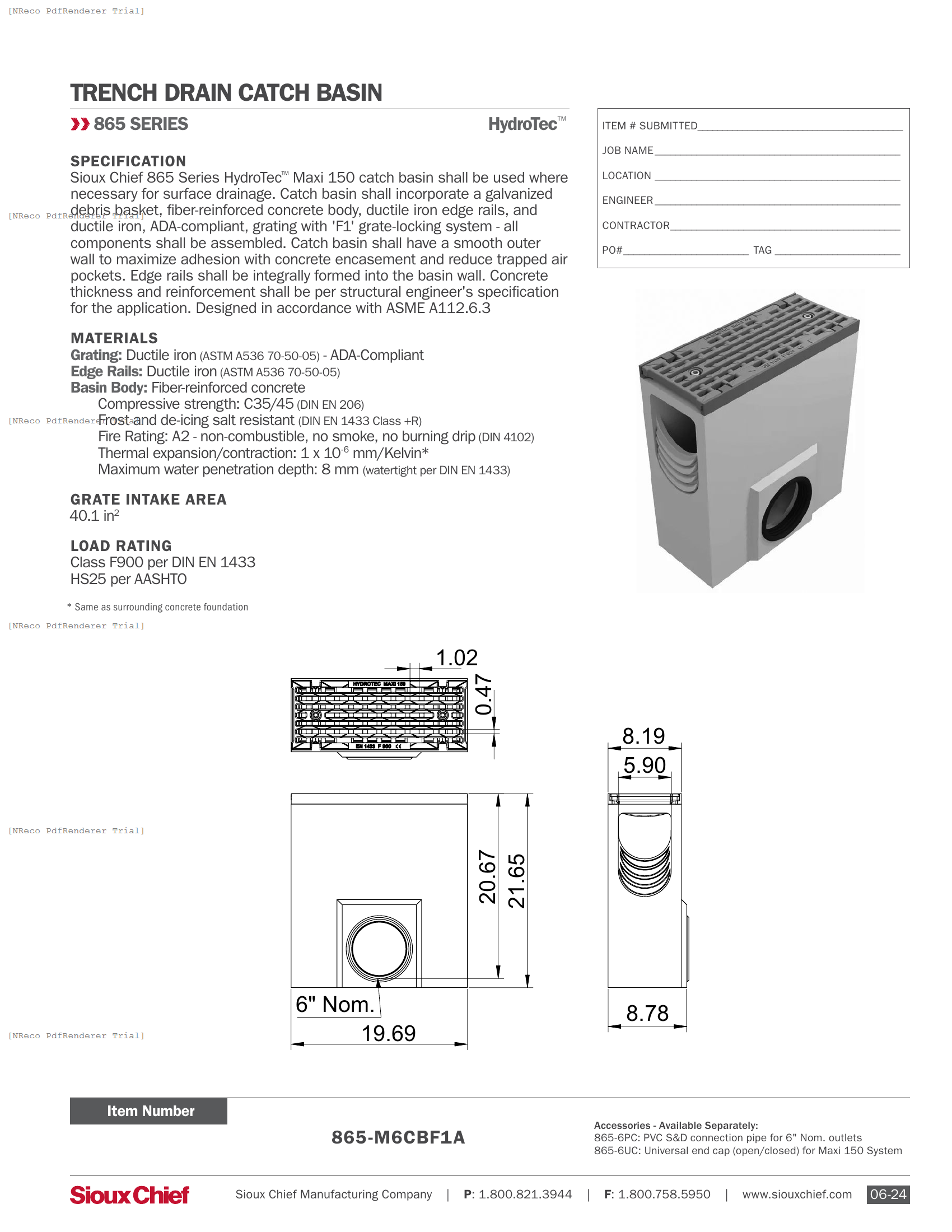 865 SERIES - HYDROTEC MAXI 150 F1 CLASS F900 CATCH BASIN - SPEC SHEET.PDF Specification Document